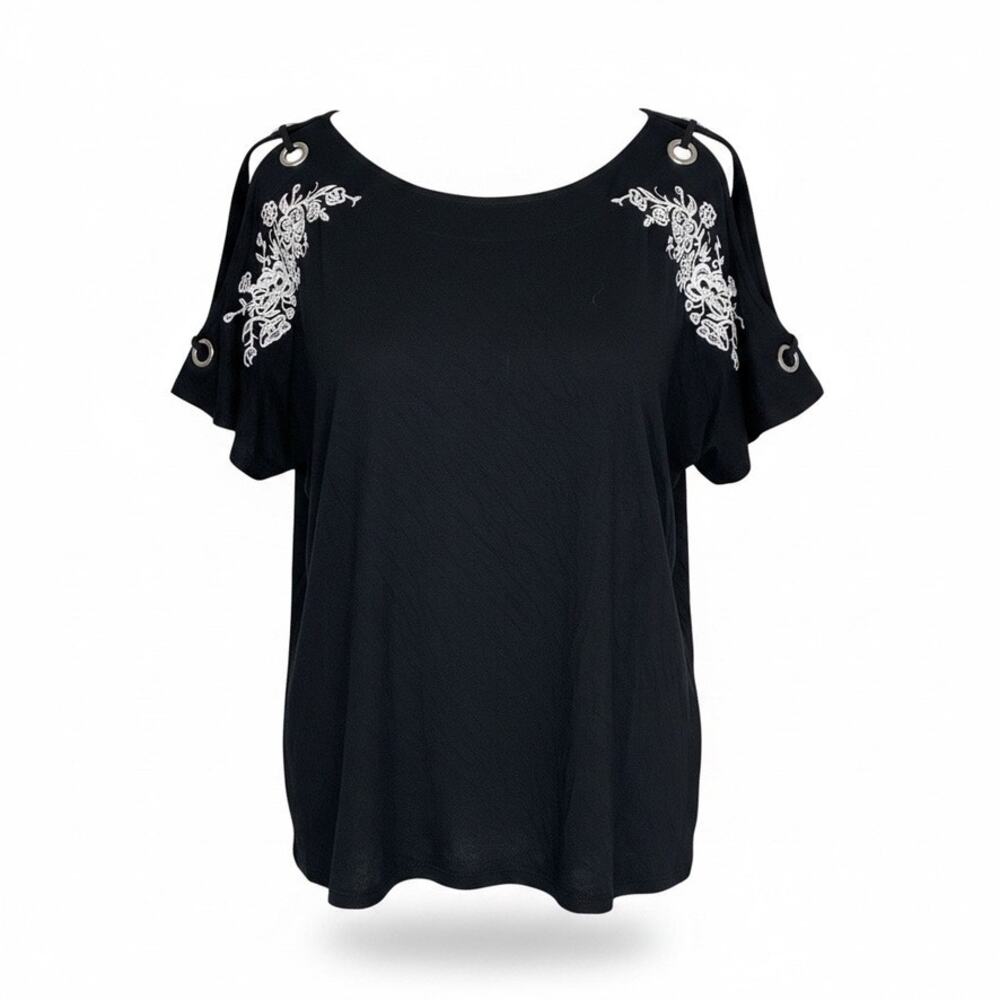 Cable & Gauge Women's Black Floral Open Shoulder Top XL
